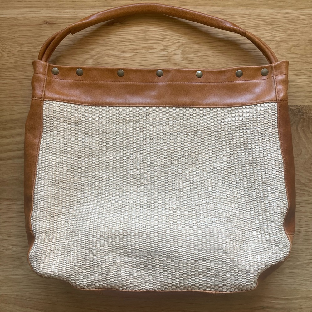 Furla Straw and Cognac Leather Slouchy Hobo Shoulder Bag Tote Bohemian Chic
